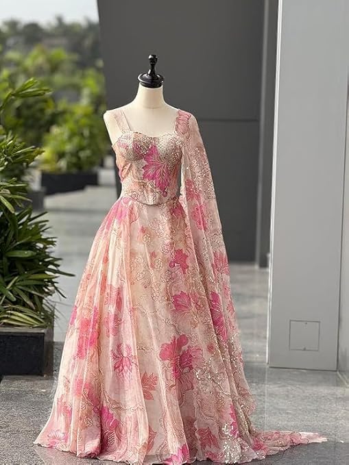Women’s Digital Print Organza Lehenga Choli Set – Indo-Western Party Wear (Off White)