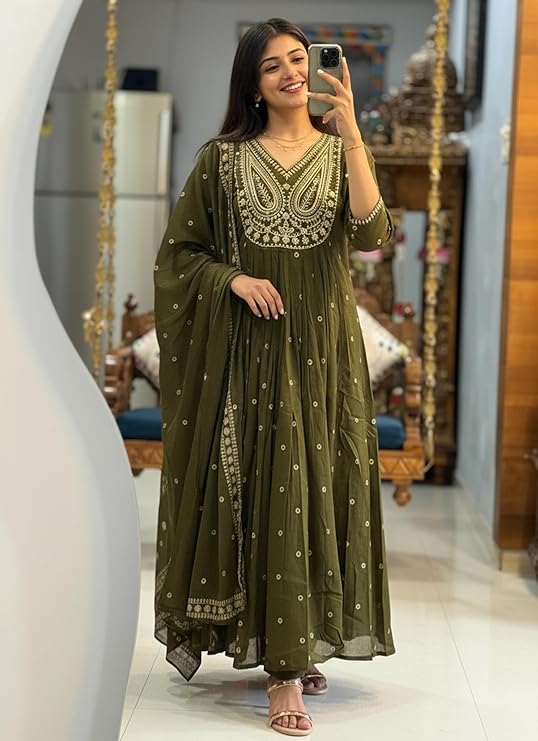 Women’s Rayon Viscose Printed Embroidered Anarkali Kurta with Pant & Dupatta