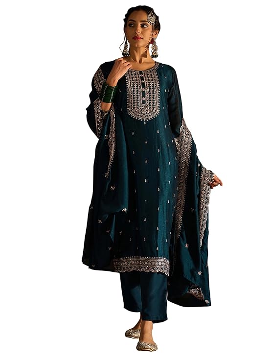Women's Embroidered Silk Blend Calf Length Straight Kurta Pant And Dupatta Set