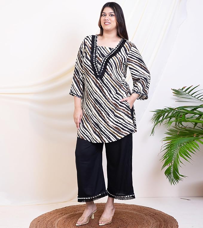 Women's Striped Rayon Knee Length Kurti with Pant|Square Neck|Cord Set for Women Fashion