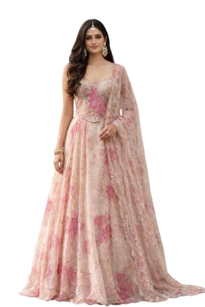 Women’s Digital Print Organza Lehenga Choli Set – Indo-Western Party Wear (Off White)