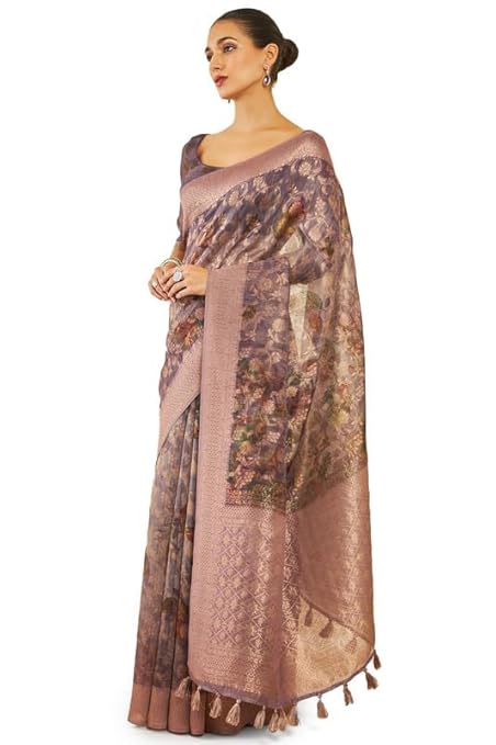 Womens Purple Tussar Silk Saree With Floral Print And Zari Woven Designs