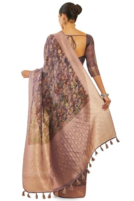 Womens Purple Tussar Silk Saree With Floral Print And Zari Woven Designs