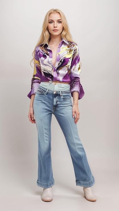Women's Satin Shirt with Long Sleeves Western Style Spread Collar Neck Relaxed Fit Abstact Printed Pattern and Standard Length