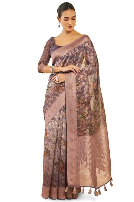 Womens Purple Tussar Silk Saree With Floral Print And Zari Woven Designs