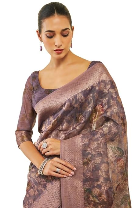 Womens Purple Tussar Silk Saree With Floral Print And Zari Woven Designs