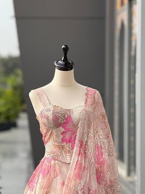 Women’s Digital Print Organza Lehenga Choli Set – Indo-Western Party Wear (Off White)