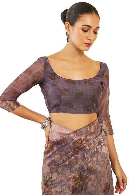 Womens Purple Tussar Silk Saree With Floral Print And Zari Woven Designs