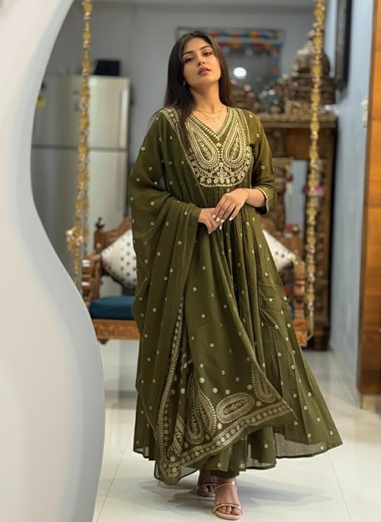 Women’s Rayon Viscose Printed Embroidered Anarkali Kurta with Pant & Dupatta