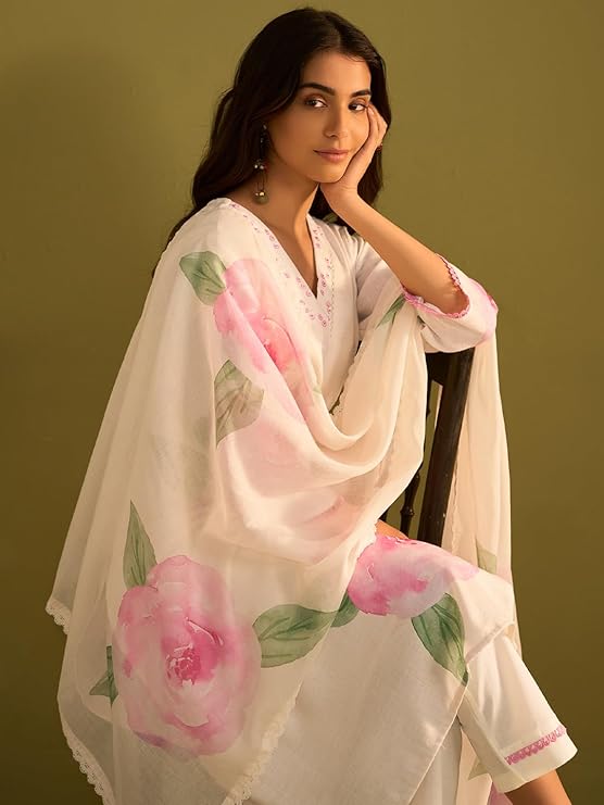 Women's Straight Linen Floral Print with Sequines Work Kurta Pant with Dupatta Set
