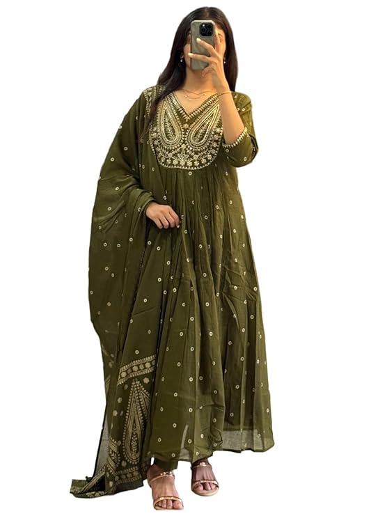 Women’s Rayon Viscose Printed Embroidered Anarkali Kurta with Pant & Dupatta