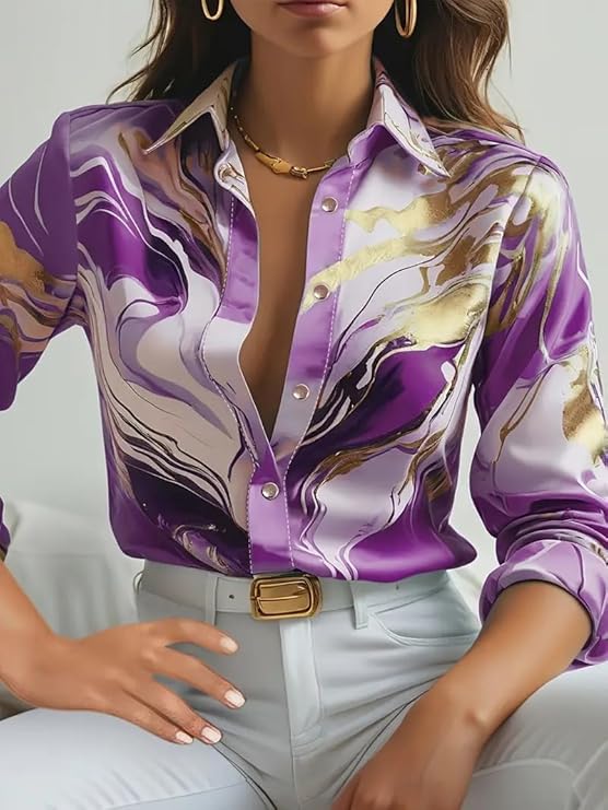 Women's Satin Shirt with Long Sleeves Western Style Spread Collar Neck Relaxed Fit Abstact Printed Pattern and Standard Length