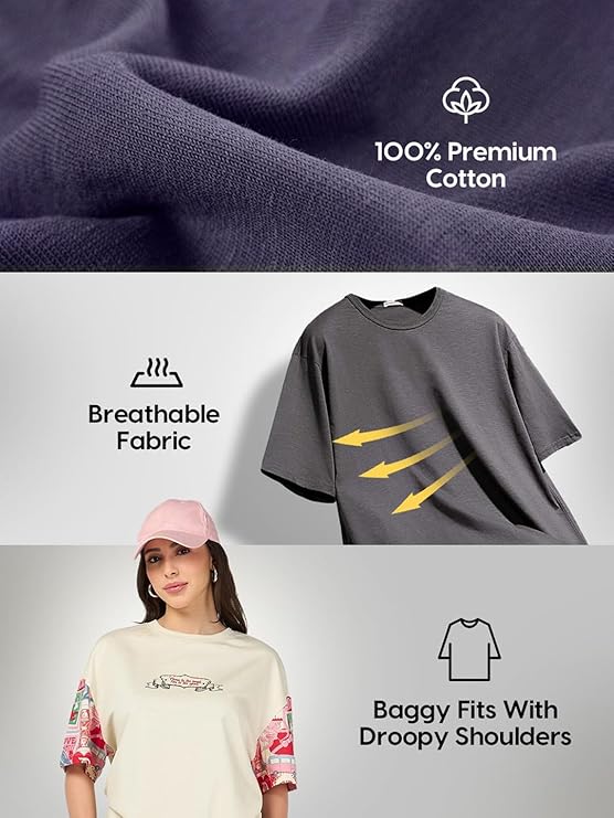 Women's 100% Cotton Graphic Print Oversized Fit Round Neck T-Shirt
