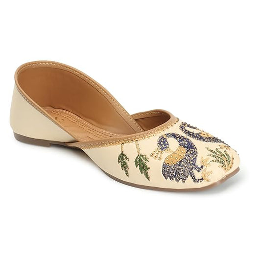 Women's Ethnic Punjabi Juttis | Traditional Slip-On Flats with Peacock Embroidery