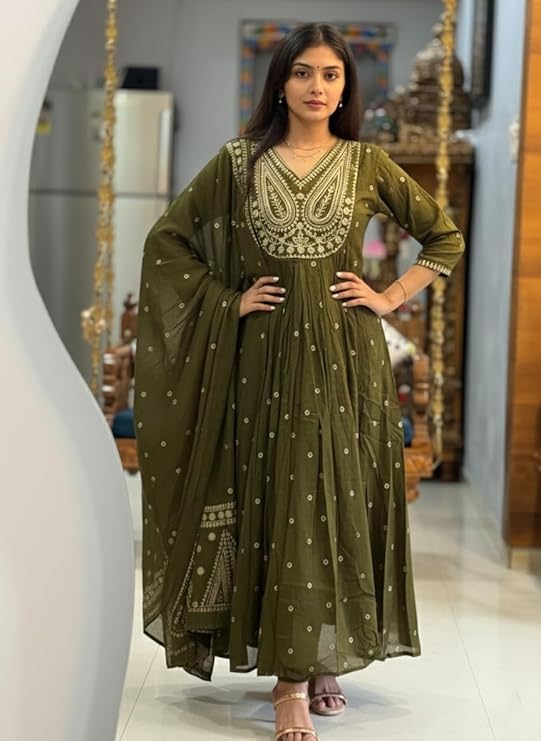 Women’s Rayon Viscose Printed Embroidered Anarkali Kurta with Pant & Dupatta
