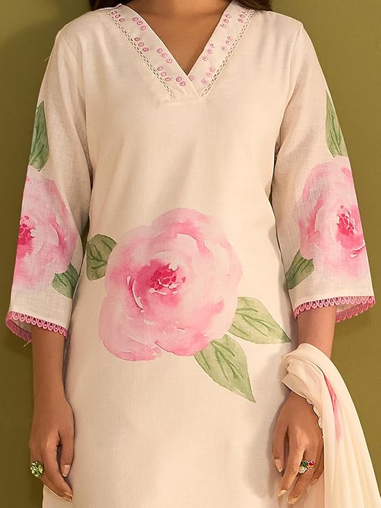 Women's Straight Linen Floral Print with Sequines Work Kurta Pant with Dupatta Set