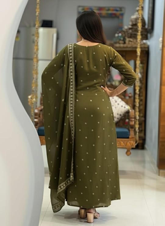 Women’s Rayon Viscose Printed Embroidered Anarkali Kurta with Pant & Dupatta