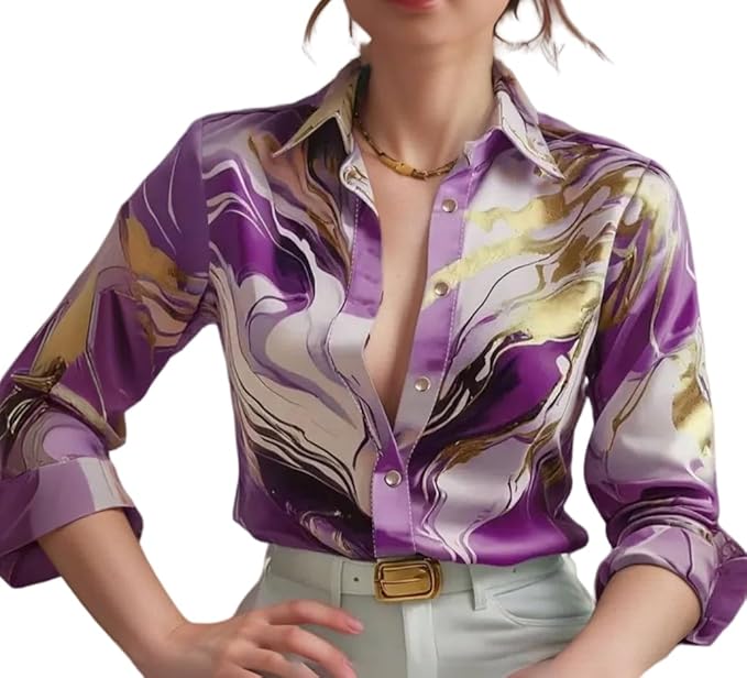 Women's Satin Shirt with Long Sleeves Western Style Spread Collar Neck Relaxed Fit Abstact Printed Pattern and Standard Length