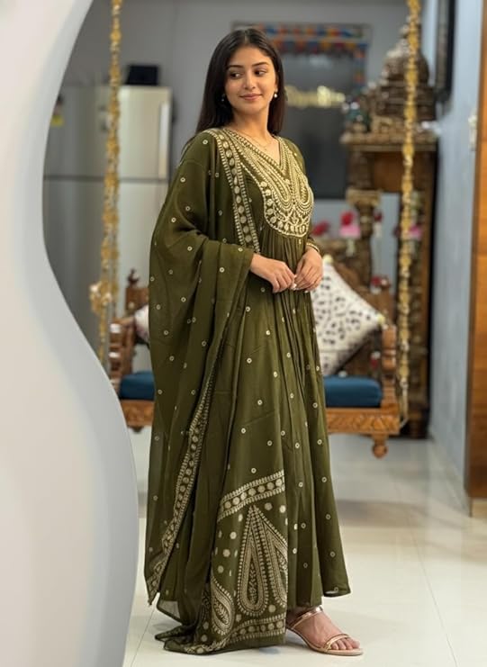 Women’s Rayon Viscose Printed Embroidered Anarkali Kurta with Pant & Dupatta