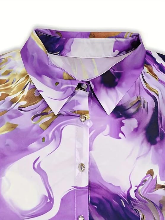 Women's Satin Shirt with Long Sleeves Western Style Spread Collar Neck Relaxed Fit Abstact Printed Pattern and Standard Length