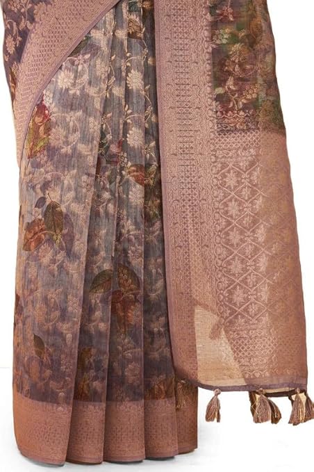 Womens Purple Tussar Silk Saree With Floral Print And Zari Woven Designs