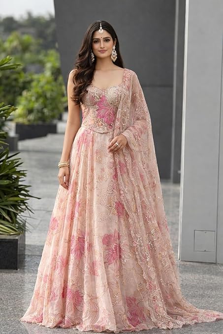 Women’s Digital Print Organza Lehenga Choli Set – Indo-Western Party Wear (Off White)