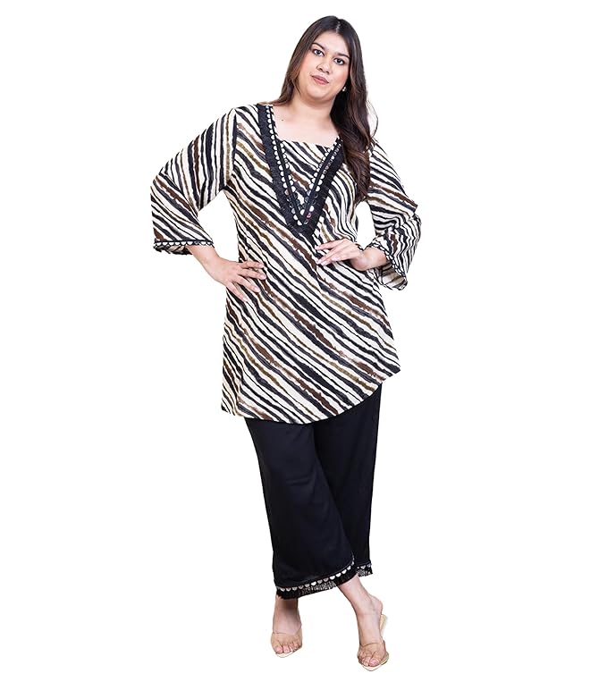 Women's Striped Rayon Knee Length Kurti with Pant|Square Neck|Cord Set for Women Fashion