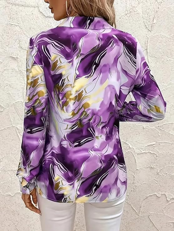 Women's Satin Shirt with Long Sleeves Western Style Spread Collar Neck Relaxed Fit Abstact Printed Pattern and Standard Length