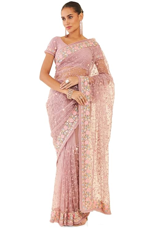 Womens Purple Net Saree With Floral Embroidery