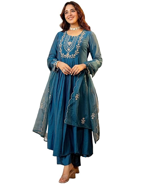 Nermosa Women’s Viscose Silk Anarkali Kurta Pant Set with Dupatta