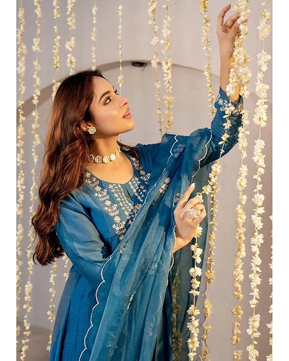 Nermosa Women’s Viscose Silk Anarkali Kurta Pant Set with Dupatta