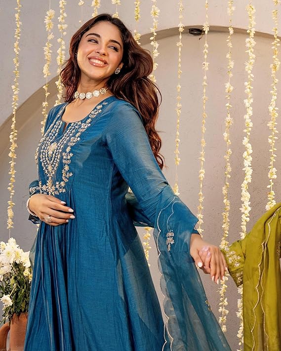 Nermosa Women’s Viscose Silk Anarkali Kurta Pant Set with Dupatta