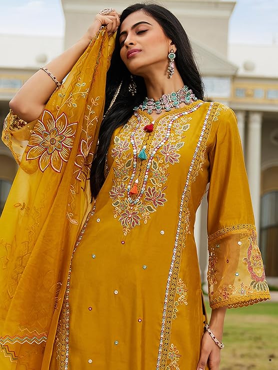 Women's Silk Blend Embroidered Straight Kurta Pant with Dupatta