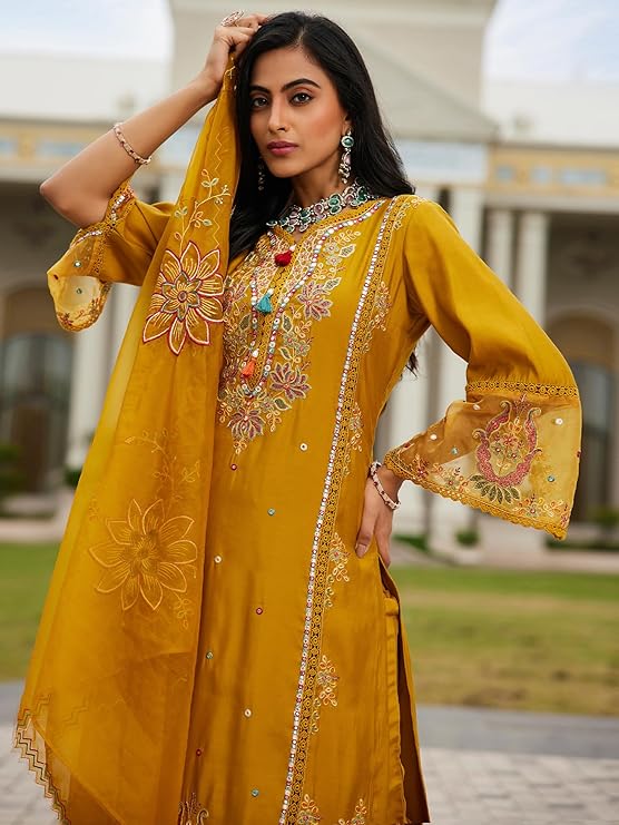 Women's Silk Blend Embroidered Straight Kurta Pant with Dupatta