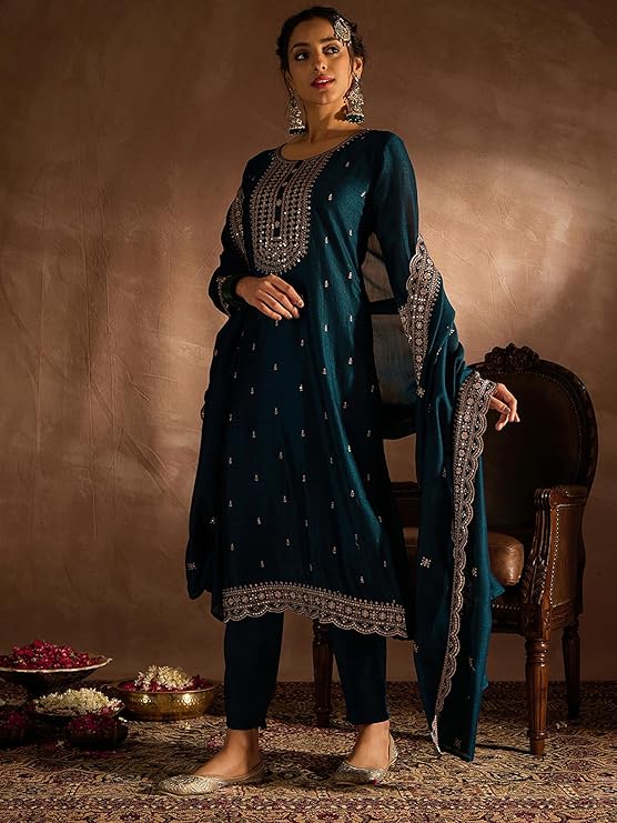 Women's Embroidered Silk Blend Calf Length Straight Kurta Pant And Dupatta Set