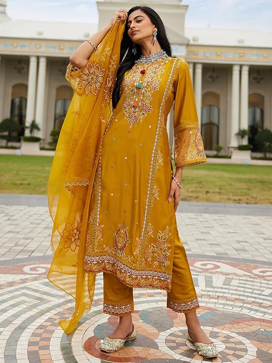 Women's Silk Blend Embroidered Straight Kurta Pant with Dupatta
