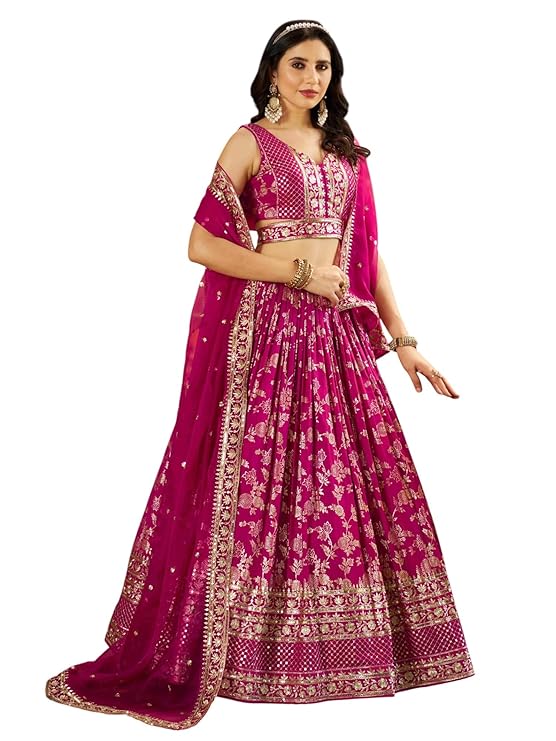 Women Dola Silk Semi stitched Sequins Zari Embroidered Jacquard Lehenga Choli With Dupatta