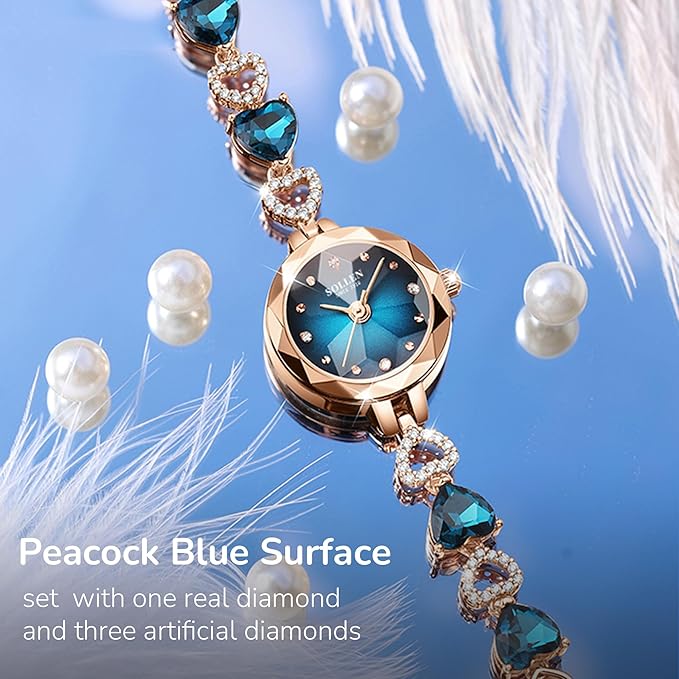 SOLLEN Stylish Bracelet Watch for Women & Girls, Peacock Blue Dial Dainty Ladies Wrist Watch