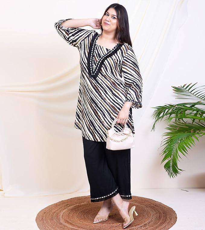 Women's Striped Rayon Knee Length Kurti with Pant|Square Neck|Cord Set for Women Fashion