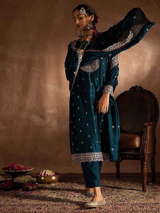 Women's Embroidered Silk Blend Calf Length Straight Kurta Pant And Dupatta Set