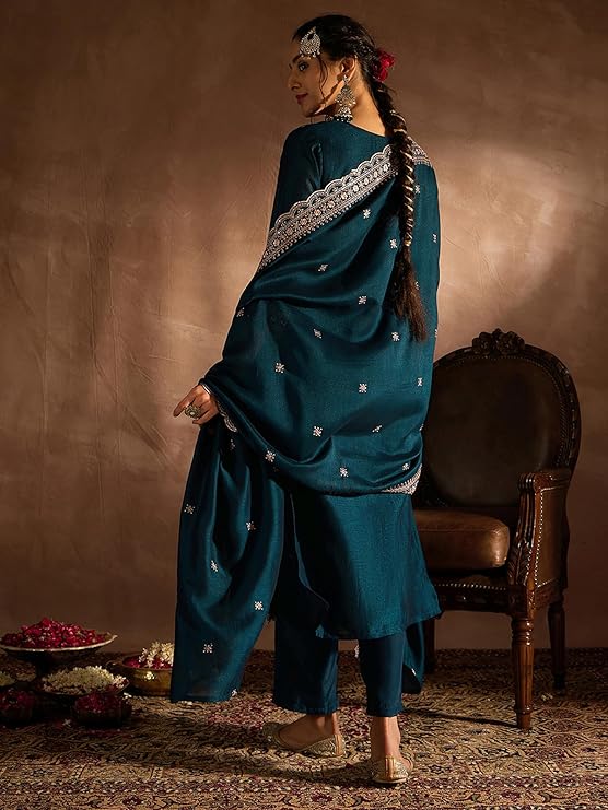 Women's Embroidered Silk Blend Calf Length Straight Kurta Pant And Dupatta Set