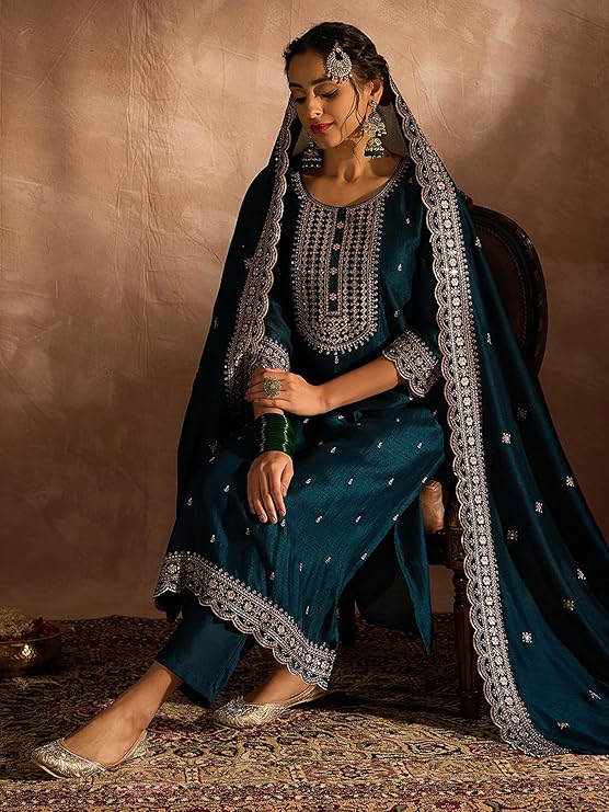 Women's Embroidered Silk Blend Calf Length Straight Kurta Pant And Dupatta Set