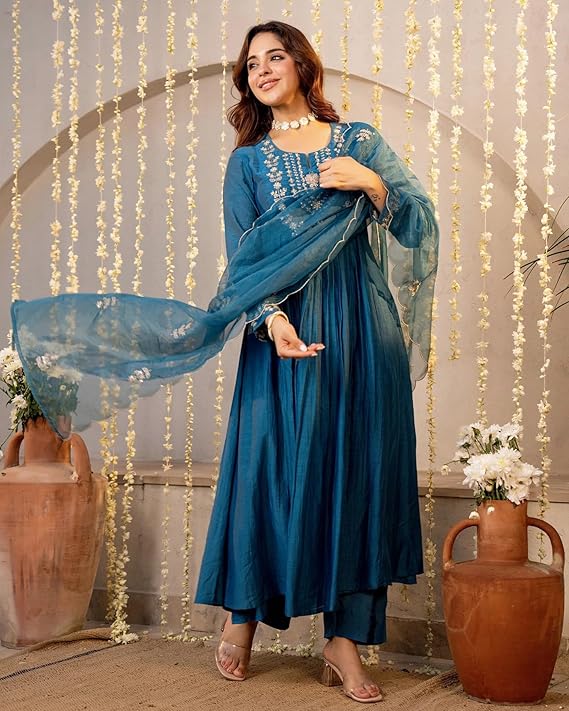 Nermosa Women’s Viscose Silk Anarkali Kurta Pant Set with Dupatta