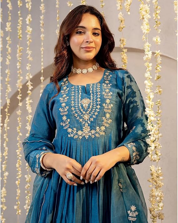 Nermosa Women’s Viscose Silk Anarkali Kurta Pant Set with Dupatta