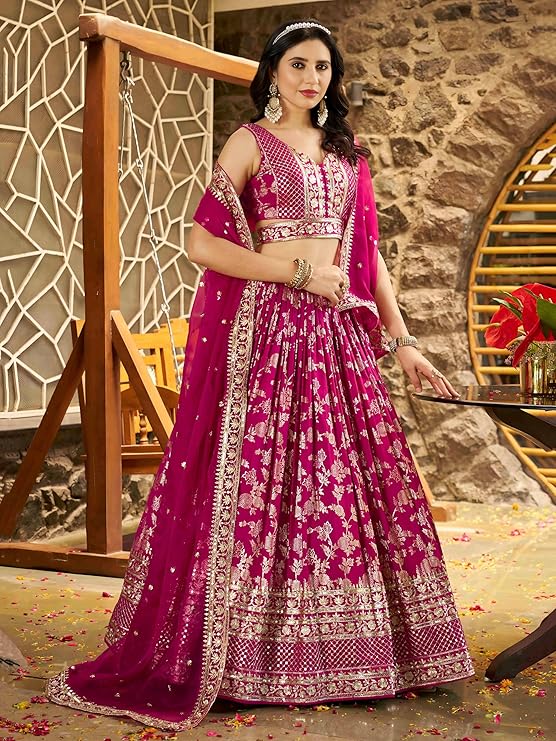 Women Dola Silk Semi stitched Sequins Zari Embroidered Jacquard Lehenga Choli With Dupatta