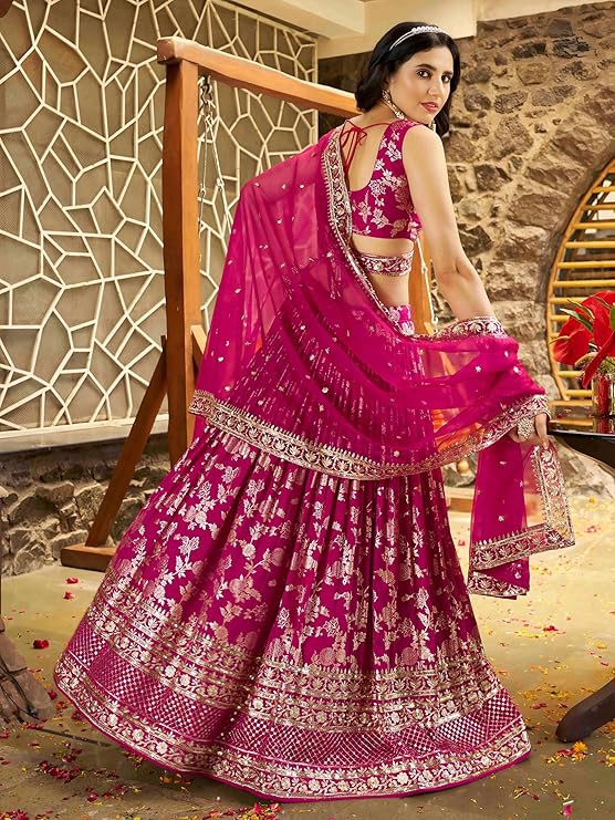 Women Dola Silk Semi stitched Sequins Zari Embroidered Jacquard Lehenga Choli With Dupatta