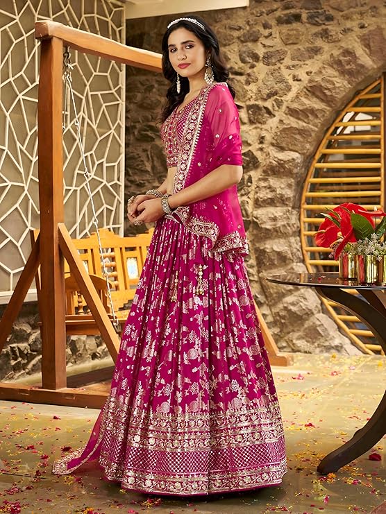 Women Dola Silk Semi stitched Sequins Zari Embroidered Jacquard Lehenga Choli With Dupatta