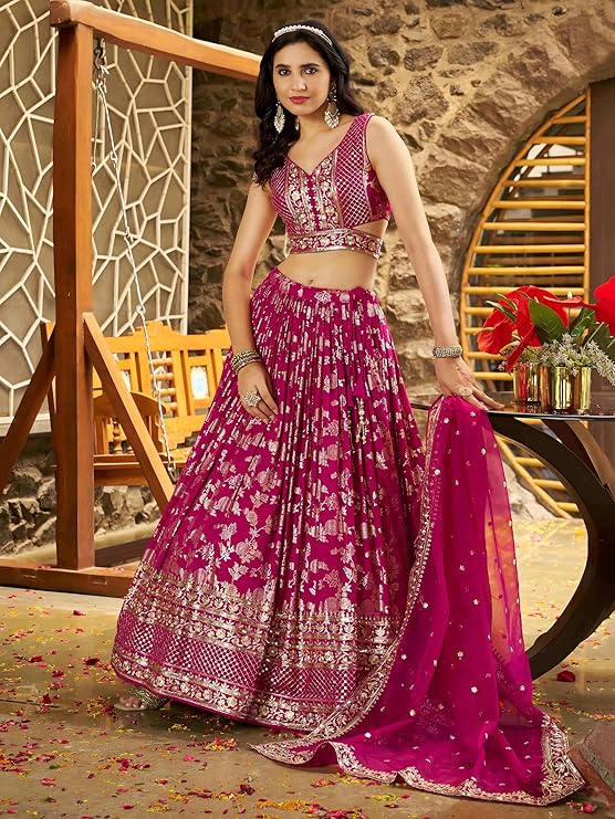 Women Dola Silk Semi stitched Sequins Zari Embroidered Jacquard Lehenga Choli With Dupatta